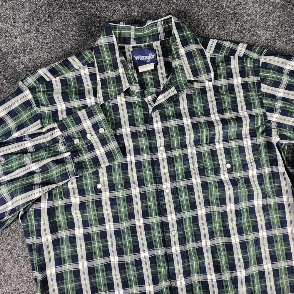 Wrangler Western Snap Shirt Mens LT Green Navy Plaid Pearl Snap Tall Cowboy